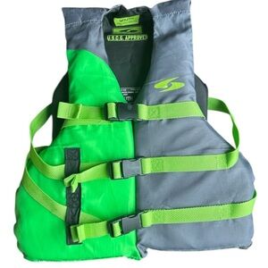 Fluid Aquatics Neon Green + Gray Life Vest with Reflective Strips, YOUTH 50-90lb